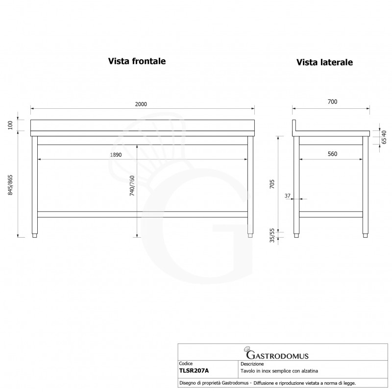 Edelstahltisch mit Aufkantung, B 2000 mm X T 700 mm X H 965 mm