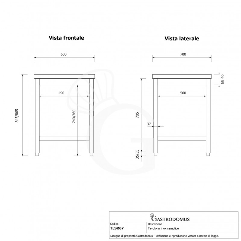 Edelstahltisch, B 600 mm X T 700 mm X H 865 mm