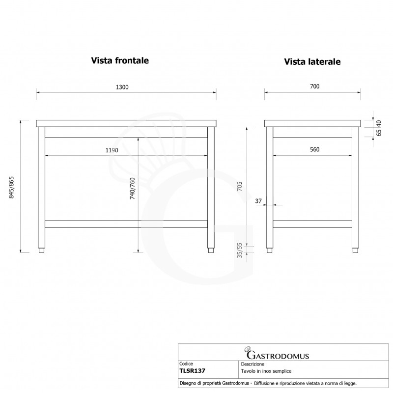 Edelstahltisch, B 1300 mm X T 700 mm X H 865 mm