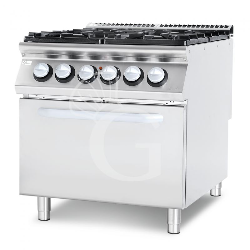 Professioneller Gasherd mit 4 Brenner und Elektrobackofen mit Umluft, Tiefe 900 mm