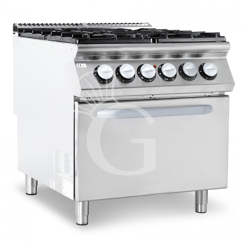 Professioneller Gasherd mit 4 Brenner und Elektrobackofen mit Umluft, Tiefe 900 mm