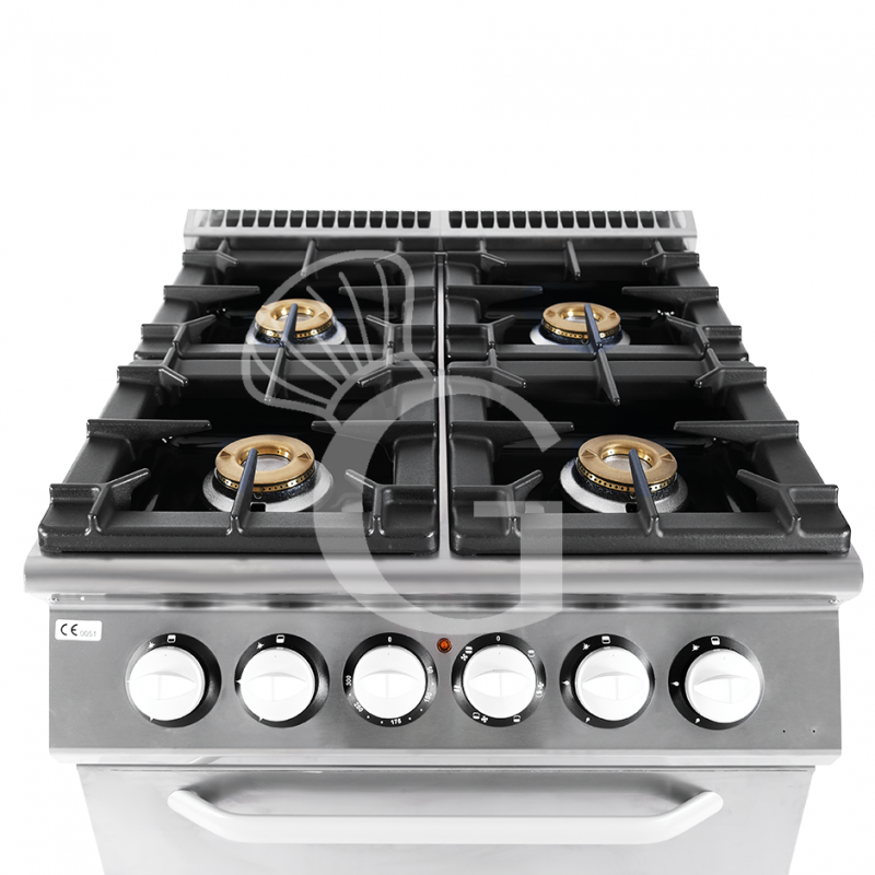 Professioneller Gasherd mit 4 Brenner und Elektrobackofen mit Umluft, Tiefe 900 mm