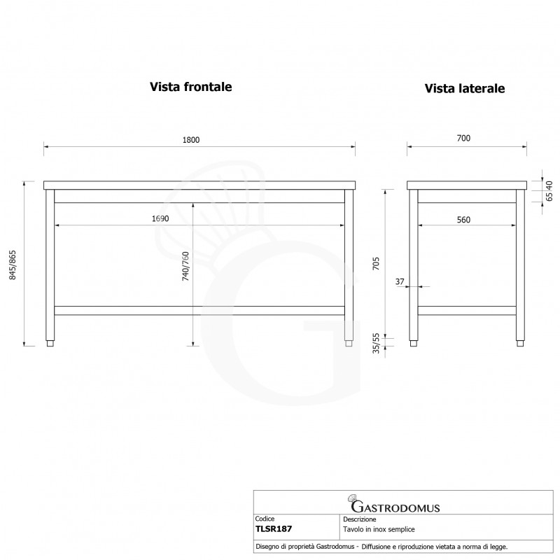 Edelstahltisch, B 1800 mm X T 700 mm X H 865 mm
