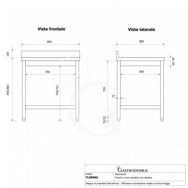 copy of Tavolo semplice in acciaio inox con alzatina e misure L 900 mm x P 800 mm x H 850 mm