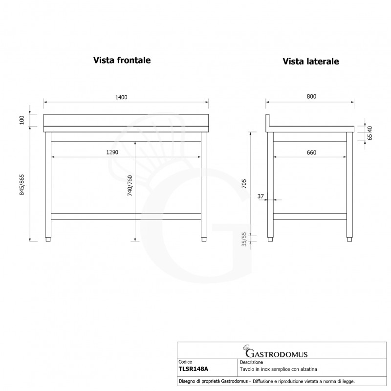 Edelstahltisch mit Aufkantung, B 1400 mm X T 800 mm X H 965 mm