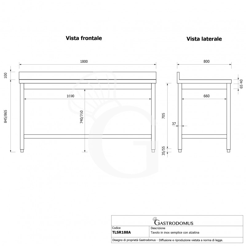 copy of Tavolo semplice in acciaio inox con alzatina e misure L 1800 mm x P 800 mm x H 850 mm