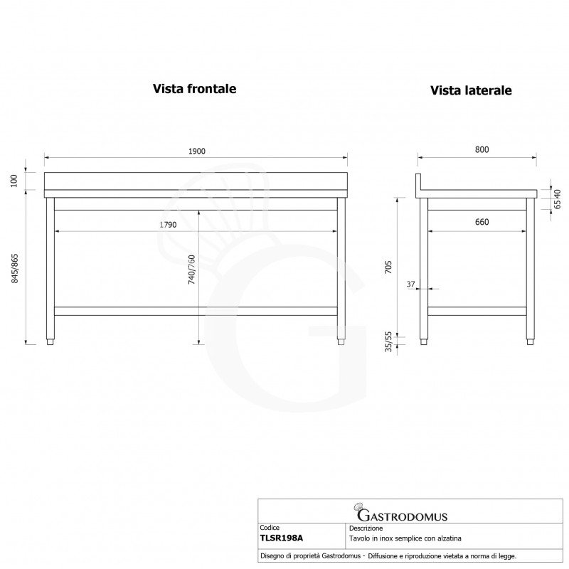 Edelstahltisch mit Aufkantung, B 1900 mm X T 800 mm X H 965 mm