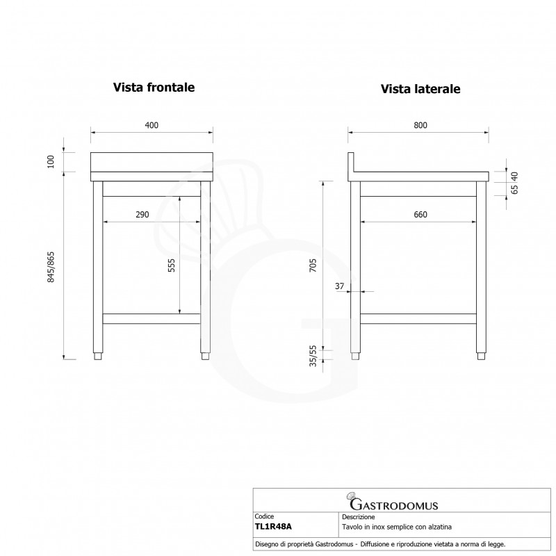 Edelstahltisch, 1 Grundboden, Aufkantung, B 400 mm X T 800 mm X H 965 mm