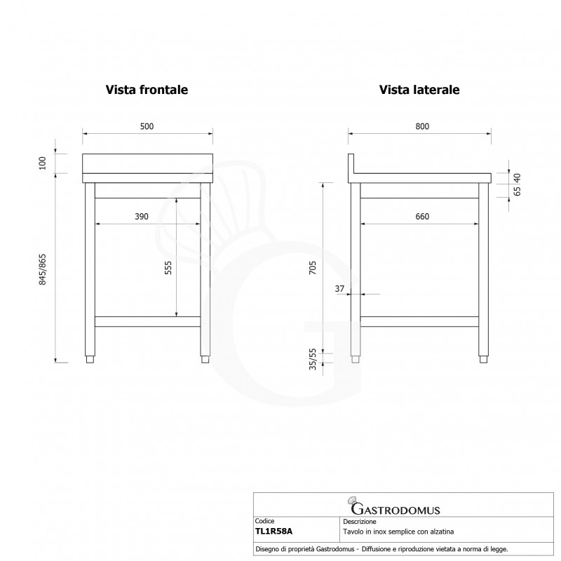 copy of Tavolo semplice in acciaio inox con 1 ripiano, alzatina e misure L 500 mm x P 800 mm x H 850 mm
