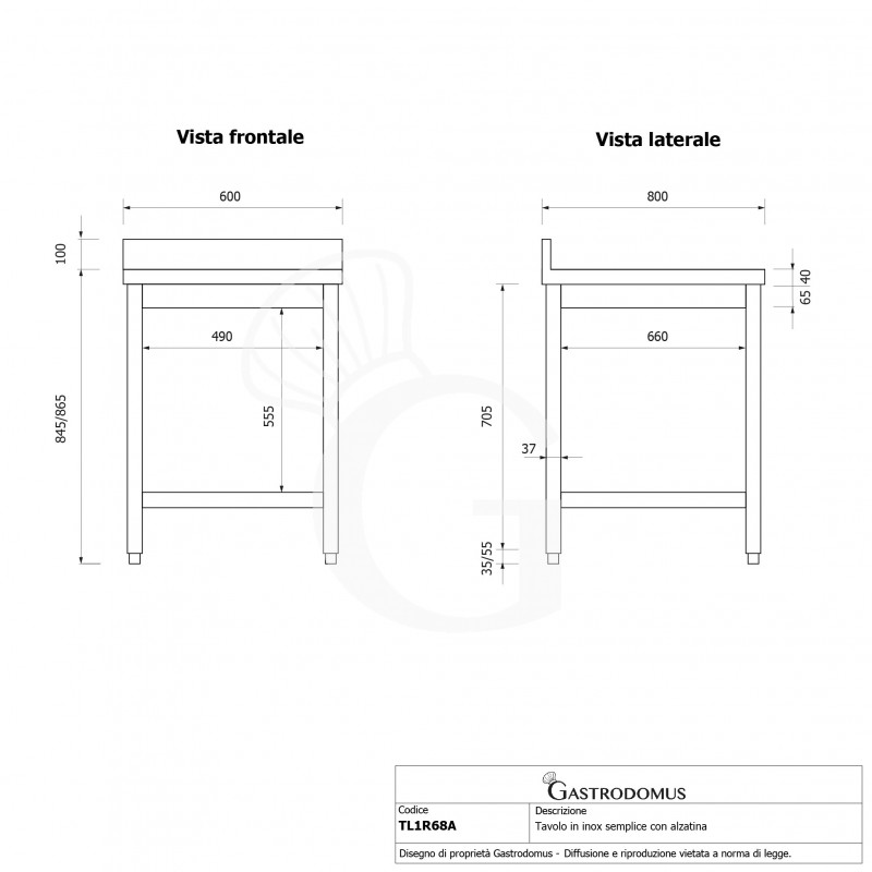 Edelstahltisch, 1 Grundboden, Aufkantung, B 600 mm X T 800 mm X H 965 mm