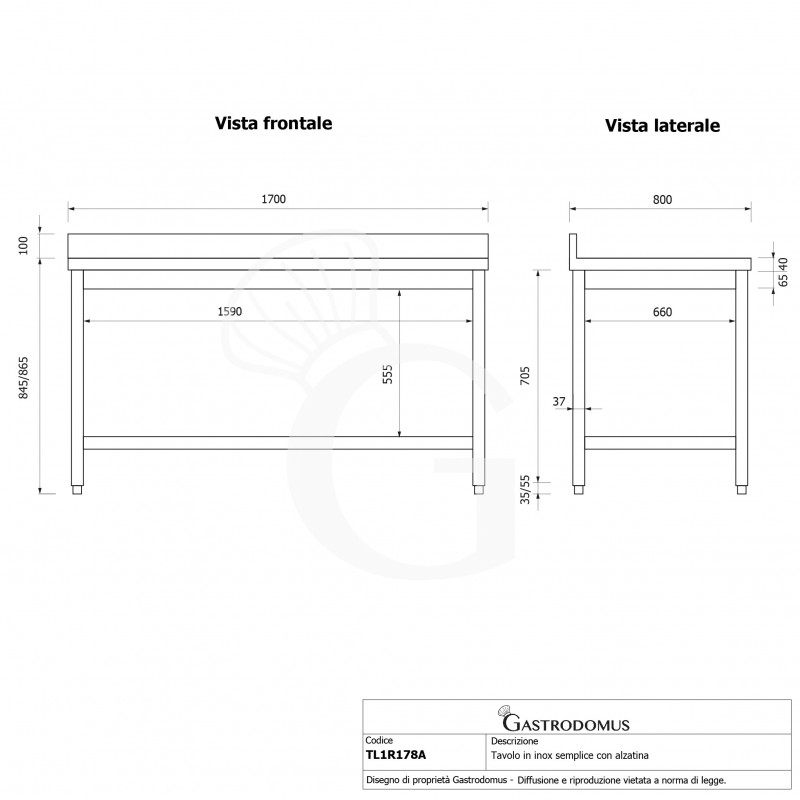Edelstahltisch, 1 Grundboden, Aufkantung, B 1700 mm X T 800 mm X H 965 mm