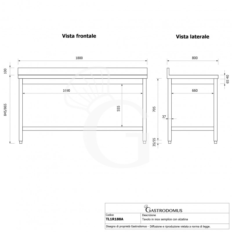 Edelstahltisch, 1 Grundboden, Aufkantung, B 1800 mm X T 800 mm X H 965 mm