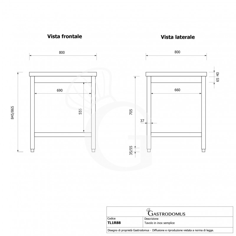 copy of Tavolo semplice in acciaio inox con 1 ripiano e misure L 800 mm x P 800 mm x H 850 mm