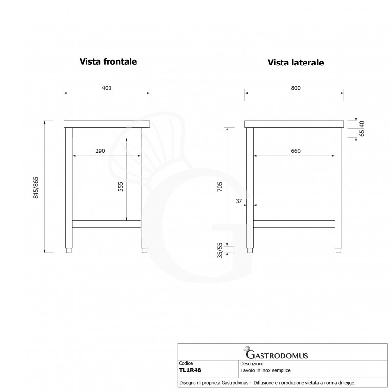 copy of Tavolo semplice in acciaio inox con 1 ripiano e misure L 400 mm x P 800 mm x H 850 mm