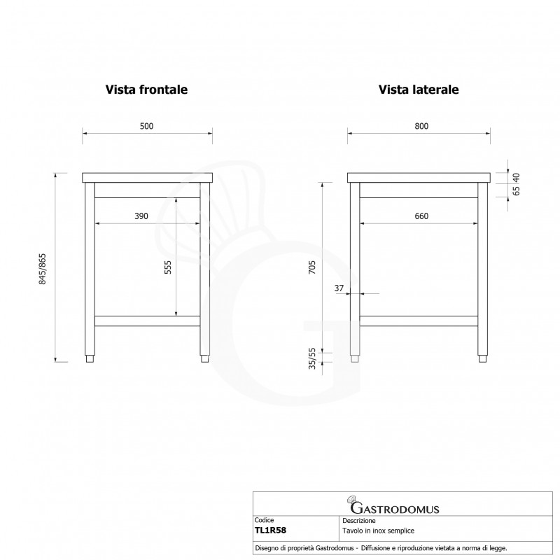 Edelstahltisch, 1 Grundboden, B 500 mm X T 800 mm X H 865 mm