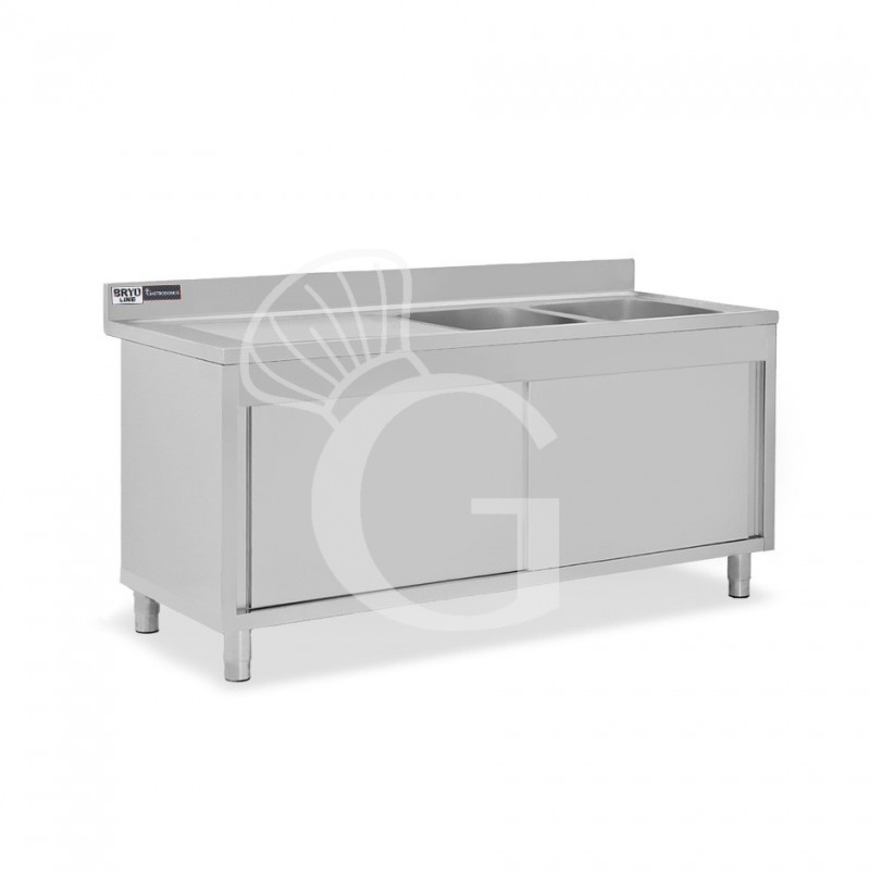 Spülschrank, Edelstahl, Schiebetüren, 2 Becken, Abtropffläche links, Aufkantung, B 2000 mm x T 700 mm x H 950 mm