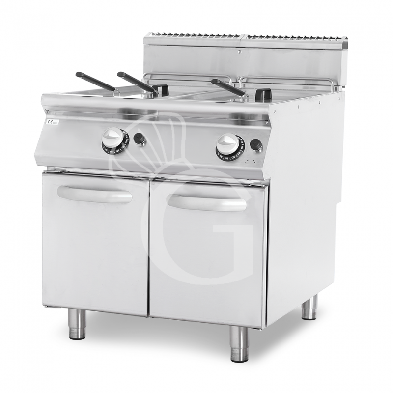Profi Gas-Fritteuse mit 2 Becken (2 x 13 Liter) und Schrank, Standgerät, 24 kW