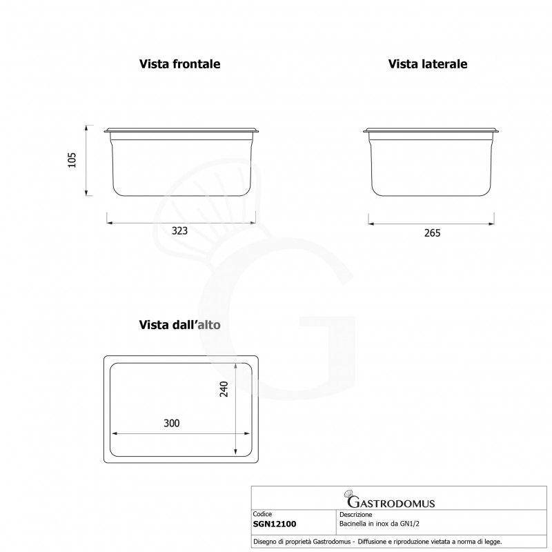 GN Behälter 1/2, Edelstahl, B 325 mm x T 265 mm x H 100 mm