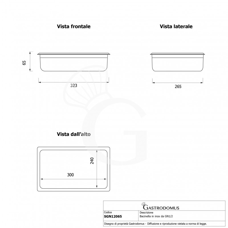 GN Behälter 1/2, Edelstahl, B 325 mm x T 265 mm x H 65 mm