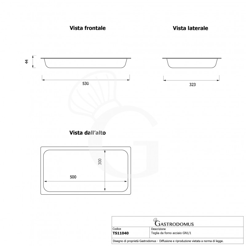 Backblech GN1/1, gestanzer Edelstahl, B 530 mm x T 325 mm x H 40 mm
