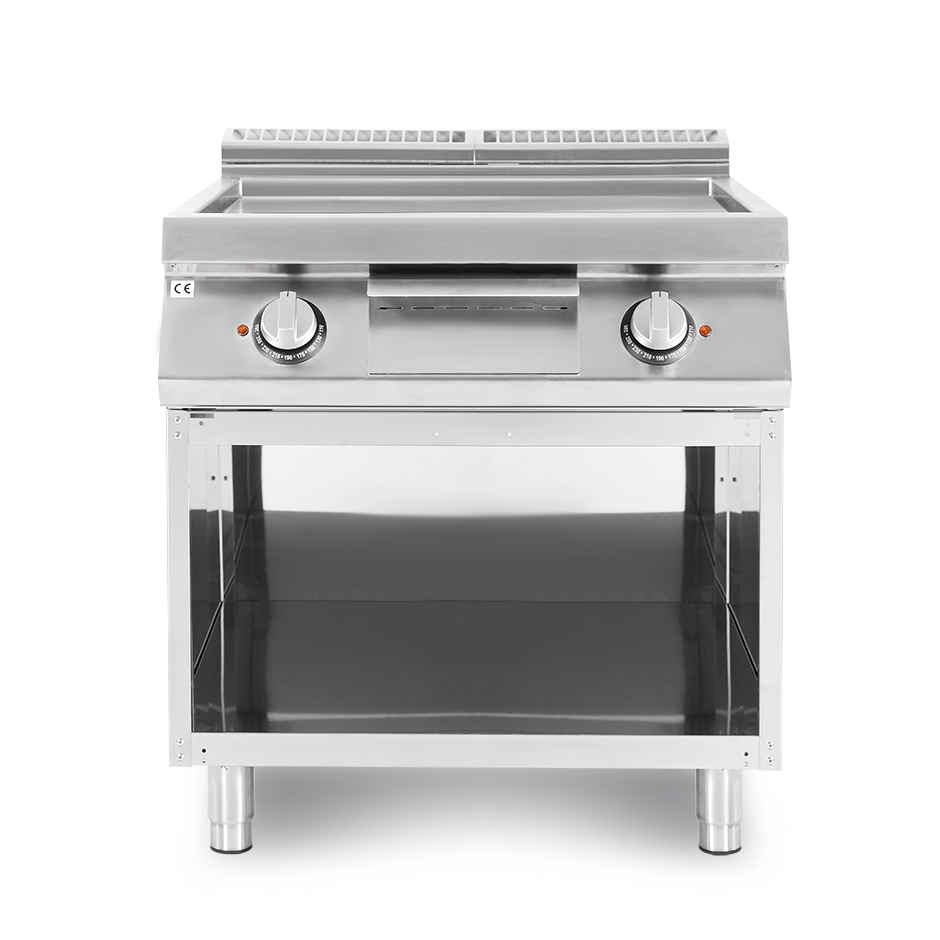 Elektro Bratplatte - glatt, verchromt, offener Unterbau, 2 Kochzonen, T 900 mm, 21000 W, dreiphasig