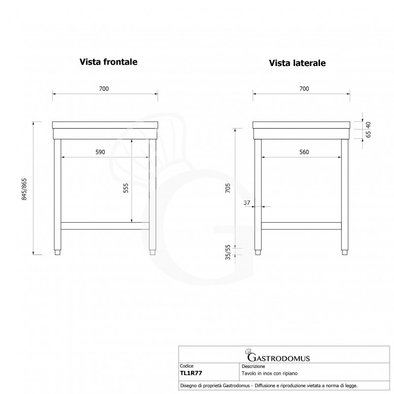 Edelstahltisch, 1 Grundboden, B 700 mm x T 700 mm x H 865 mm