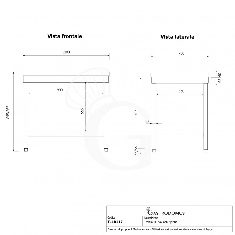 Edelstahltisch, 1 Grundboden, B 1100 mm x T 700 mm x H 865 mm