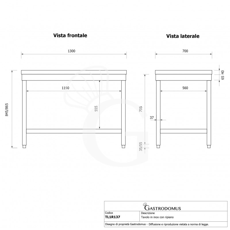 Edelstahltisch, 1 Grundboden, B 1300 mm x T 700 mm x H 865 mm
