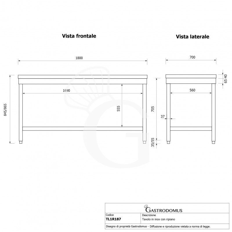Edelstahltisch, 1 Grudboden, B 1800 mm x T 700 mm x H 865 mm