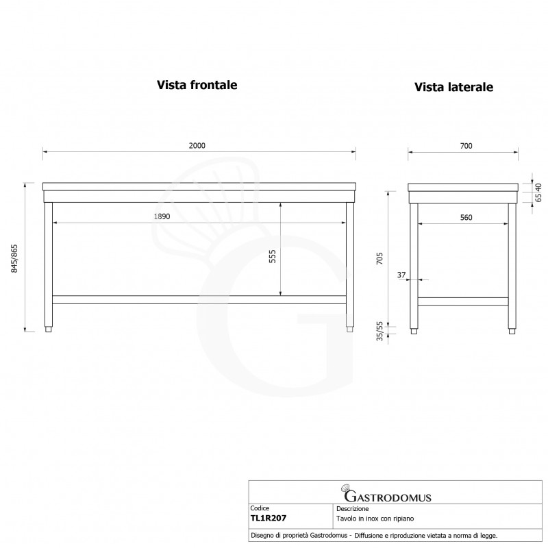 copy of Tavolo semplice in acciaio inox con 1 ripiano e misure L 1800 mm x P 700 mm x H 850 mm