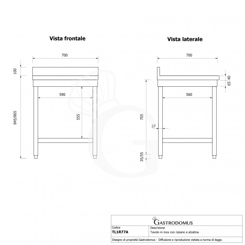 Edelstahltisch 1 Grundboden Aufsatz B 700 mm x T 700 mm x H 965 mm