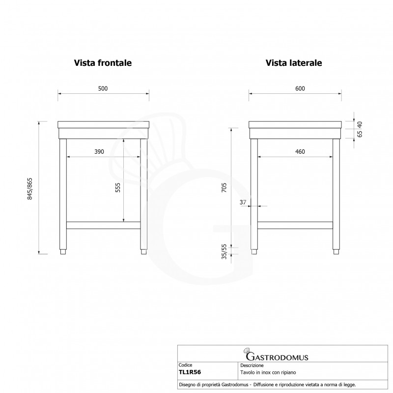 Edelstahltisch, 1 Grundboden, B 500 mm x T 600 mm x H 865 mm