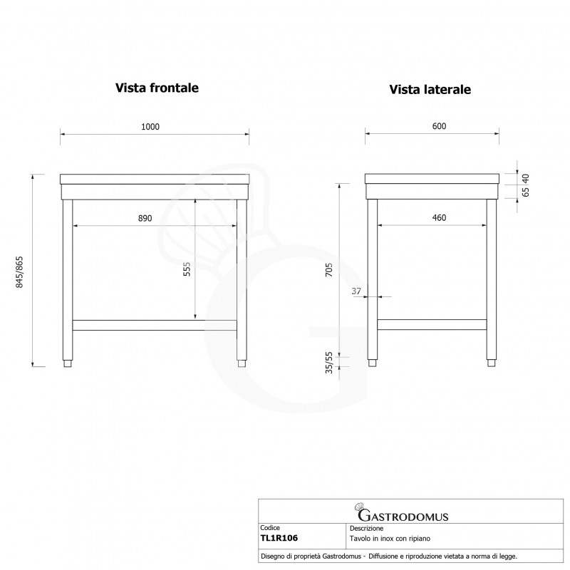 copy of Tavolo semplice in acciaio inox con 1 ripiano e misure L 1000 mm x P 600 mm x H 850 mm