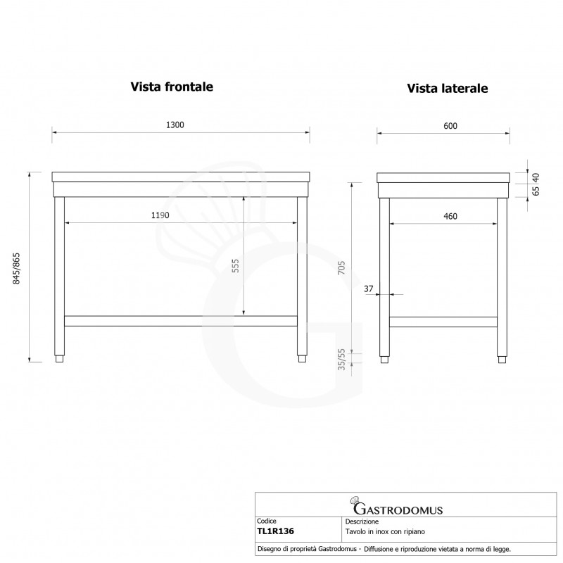 Edelstahltisch, 1 Grundboden, B 1300 mm x T 600 mm x H 865 mm