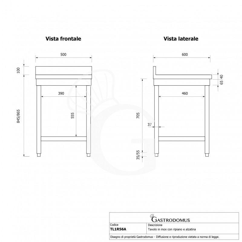 copy of Tavolo semplice in acciaio inox con 1 ripiano, alzatina e misure L 500 mm x P 600 mm x H 850 mm