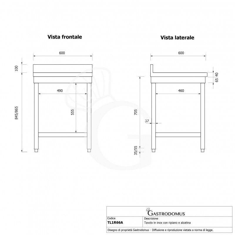 copy of Tavolo semplice in acciaio inox con 1 ripiano, alzatina e misure L 500 mm x P 600 mm x H 850 mm