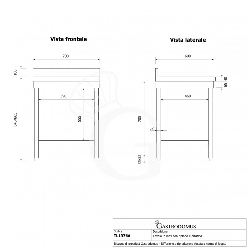 copy of Tavolo semplice in acciaio inox con 1 ripiano, alzatina e misure L 800 mm x P 600 mm x H 850 mm