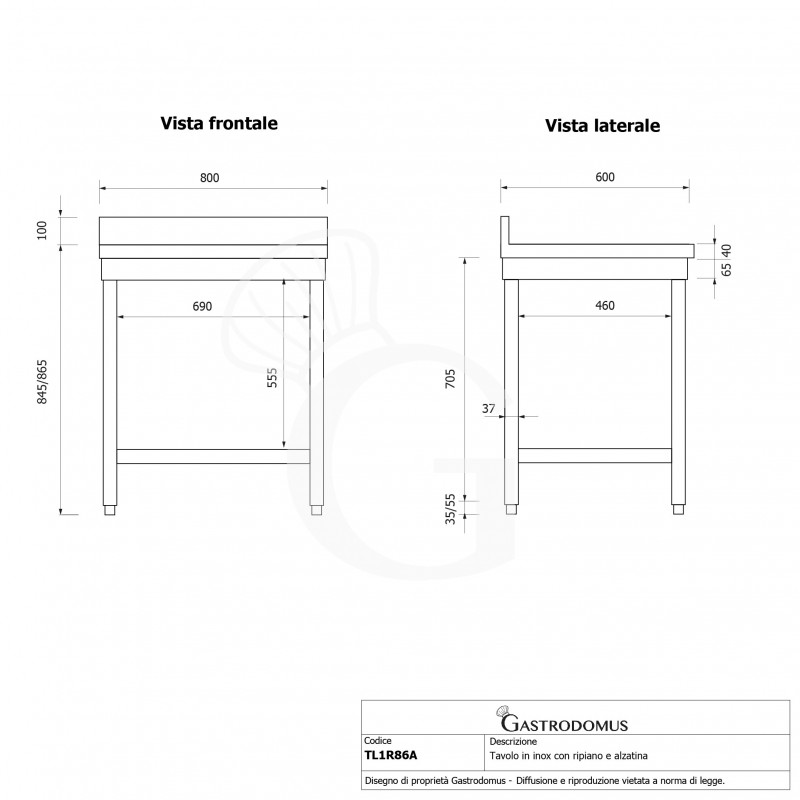 Edelstahltisch, 1 Grundboden, Aufkantung, B 800 mm x T 600 mm x H 965 mm