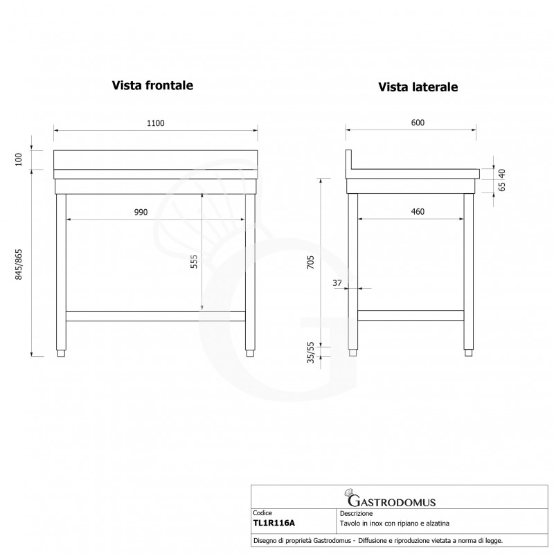 Edelstahltisch, 1 Grundboden, Aufkantung, B 1100 mm x T 600 mm x H 965 mm