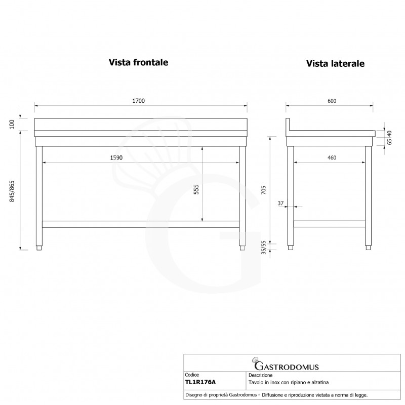 Edelstahltisch, 1 Grundboden, Aufkantung, B 1700 mm x T 600 mm x H 965 mm
