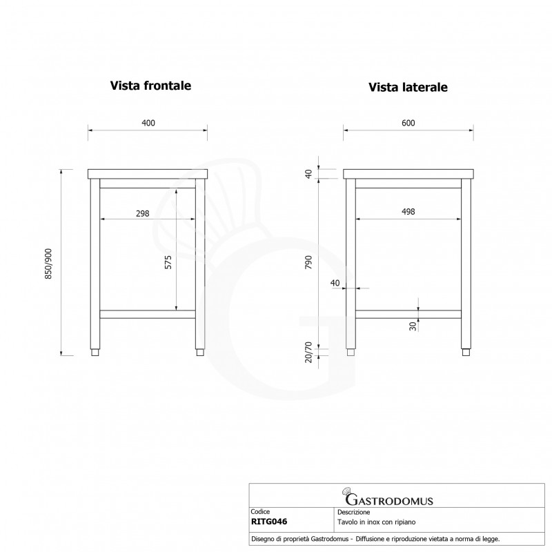 Edelstahltisch 1 Grundboden B 400 mm x T 600 mm x H 850 mm
