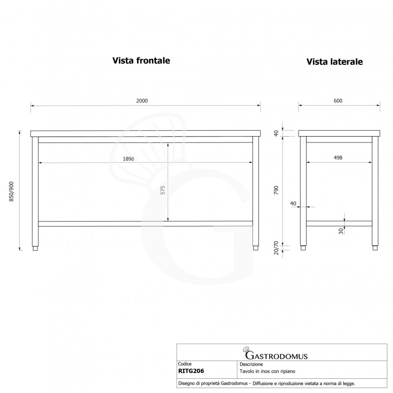 Edelstahltisch, 1 Grundboden, B 2000 mm x T 600 mm x H 850 mm