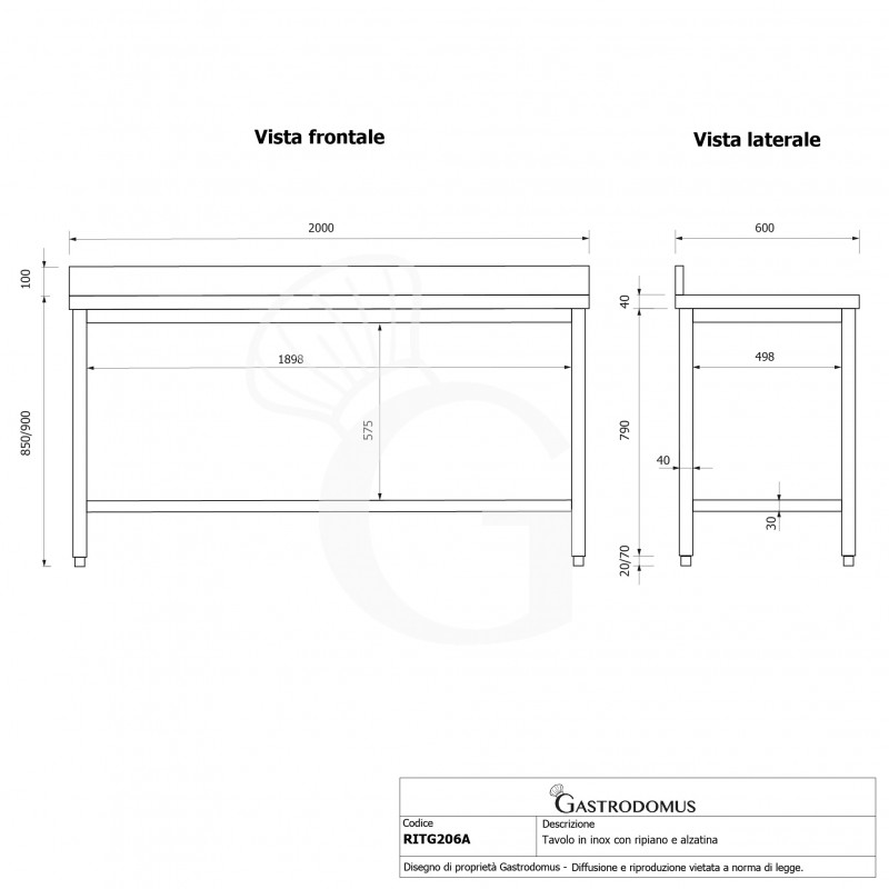 Edelstahltisch, 1 Grundboden, Aufkantung, B 2000 mm x T 600 mm x H 950 mm