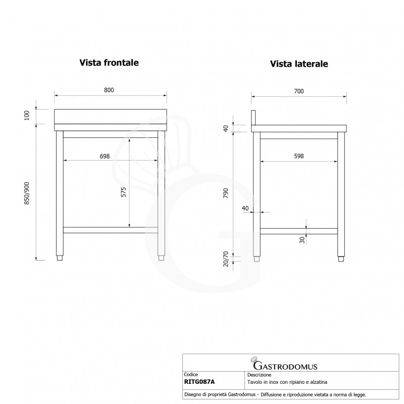 Edelstahltisch, 1 Grundboden, Aufkantung, B 800 mm x T 700 mm x H 950 mm
