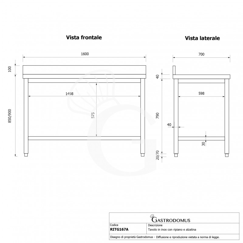 Edelstahltisch 1 Grundboden Aufsatz B 1600 mm x T 700 mm x H 950 mm