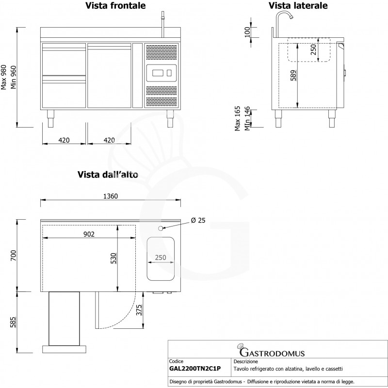 copy of Tavolo refrigerato - 2 porte - Prof. 700 - temperatura -2°C/+8°C