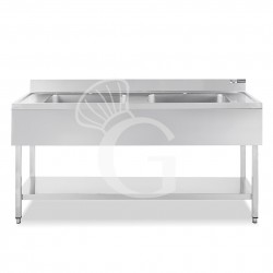 Spültisch, Edelstahl, 1 Grundboden, Aufkantung, 2 Becken, 2 Abtropfflächen, B 1800 x T 600 x H 950 mm, Wasserhahnloch Ø 32 mm