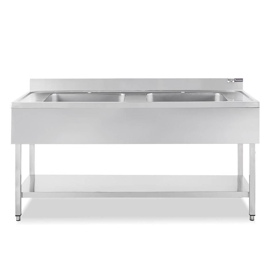 Spültisch, Edelstahl, 1 Grundboden, Aufkantung, 2 Becken, 2 Abtropfflächen, B 1800 x T 600 x H 950 mm, Wasserhahnloch Ø 32 mm