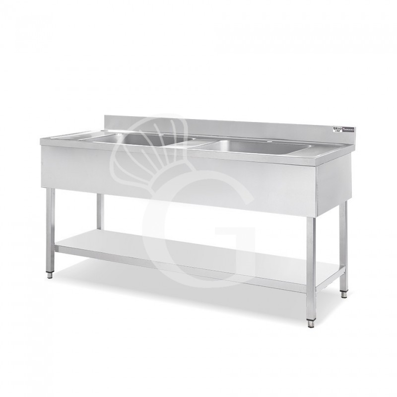 Spültisch, Edelstahl, 1 Grundboden, Aufkantung, 2 Becken, 2 Abtropfflächen, B 1800 x T 600 x H 950 mm, Wasserhahnloch Ø 32 mm