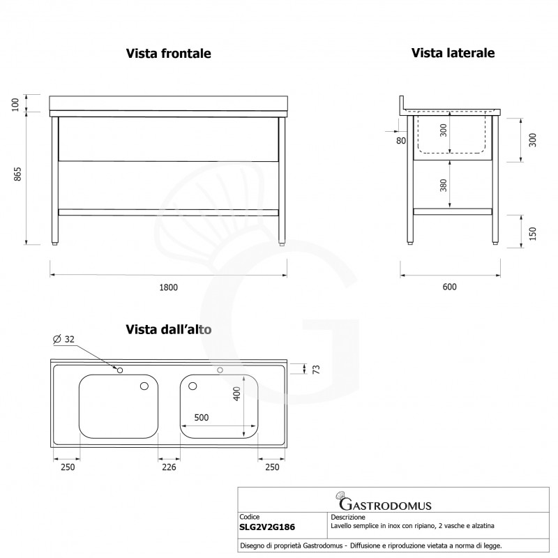 Spültisch, Edelstahl, 1 Grundboden, Aufkantung, 2 Becken, 2 Abtropfflächen, B 1800 x T 600 x H 950 mm, Wasserhahnloch Ø 32 mm